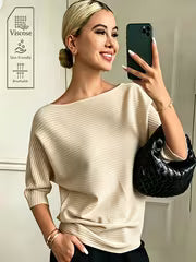 Women'S Elegant Off-Shoulder Solid Batwing Short-Sleeve Sweater, Soft Half-Sleeve Top for Daily Casual And Party — view 9