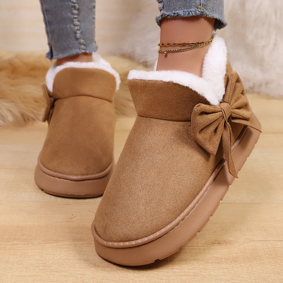 BUSYLION Women'S Bow Decor Short Snow Boots Fleece Warm