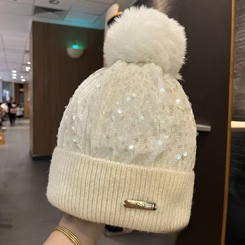 Autumn and Winter Sequins with Balls and Yarn Hats Fashion Winter Outdoor Warmth Hats Skiing Cold Hats — view 4