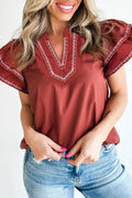 Embroidered Cotton Blouse Boho Flutter Sleeve Top