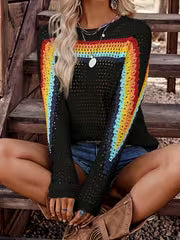 Women's Color-Block Striped Cut-Out Mesh Top, Bohemian Style Round Neck Long Sleeve Sweater, Breathable — view 9