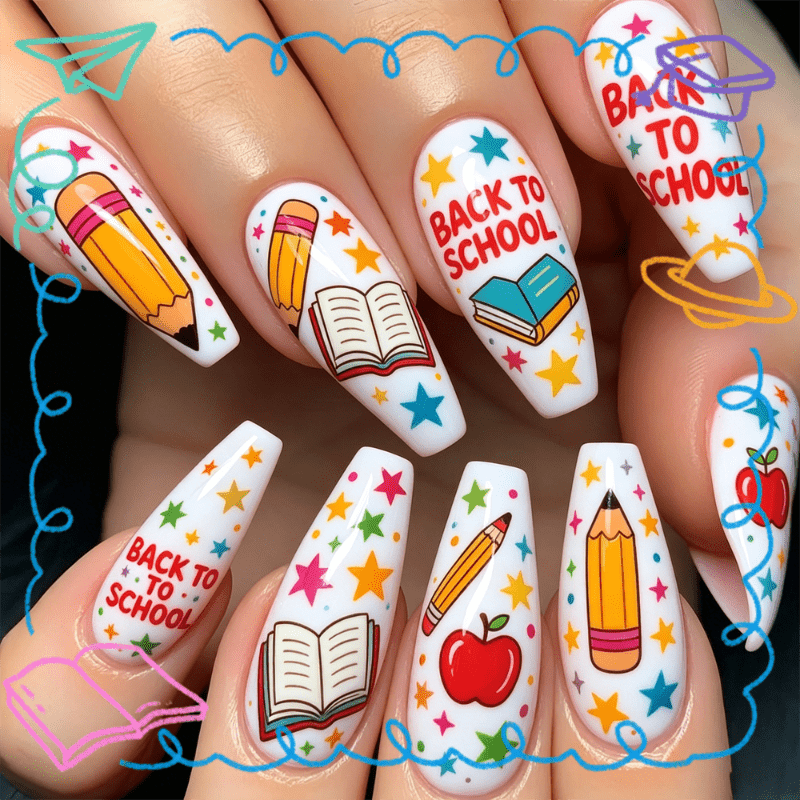72pcs Ballet Milk White Press On Nails Suitable for Teen School Nail Decor - Glossy Reusable Fake Nail Tips with Back to School Book & Apple, Long Ballet Shape for School Parties, Book Clubs, Book Themed Manicure