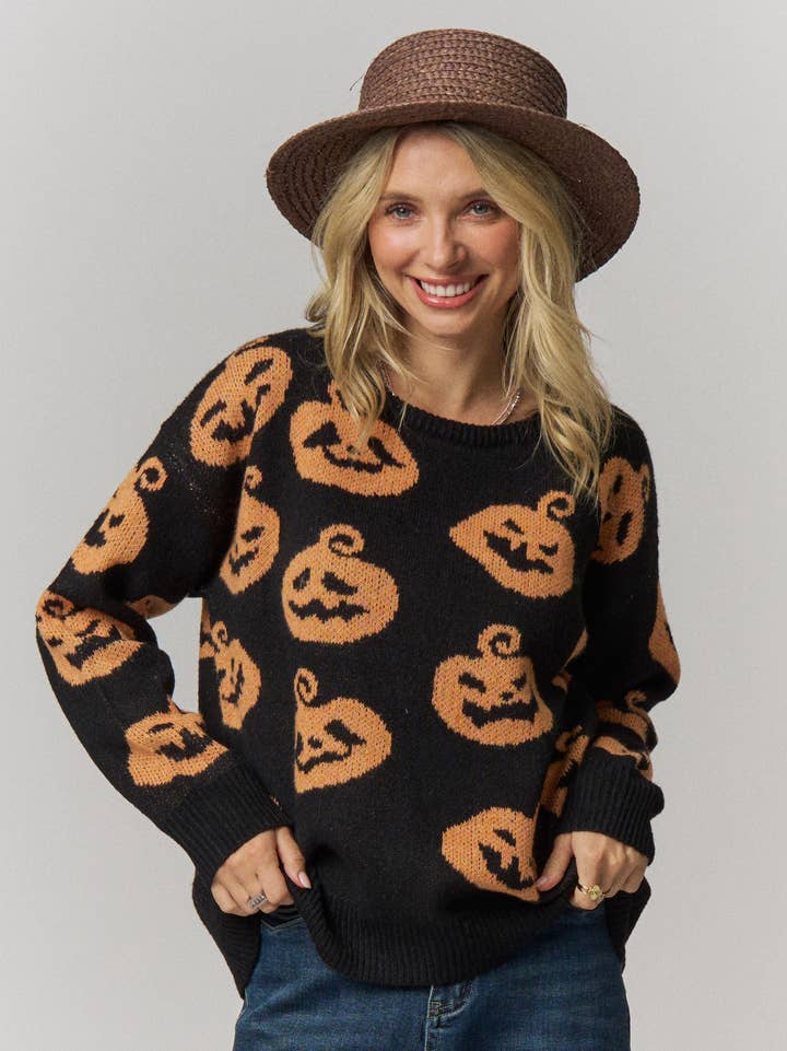 Halloween Pumpkin Print Knit Sweater - LESW4528 — view 1
