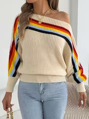 Autumn And Winter Casual Vacation Women'S Sweater Rainbow Stripe Slanted Shoulder Long Sleeved Pullover — view 5