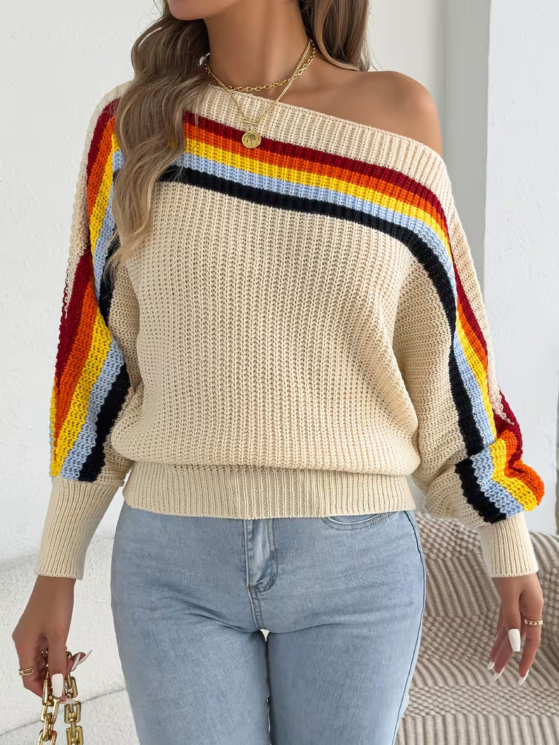 Autumn And Winter Casual Vacation Women'S Sweater Rainbow Stripe Slanted Shoulder Long Sleeved Pullover — view 6