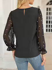 Elegant Beaded Chiffon Blouse, Polyester Crew Neck Solid Color Top, with Ruffle Detail, for Women, Spring/Fall — view 5