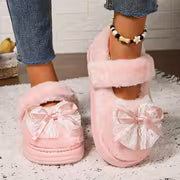 [Indoor/Outdoor Home Shoes] Pink Sweet Autumn/Winter New Style Women's Fashion Star Bow Plush Single Strap Shoes — view 4