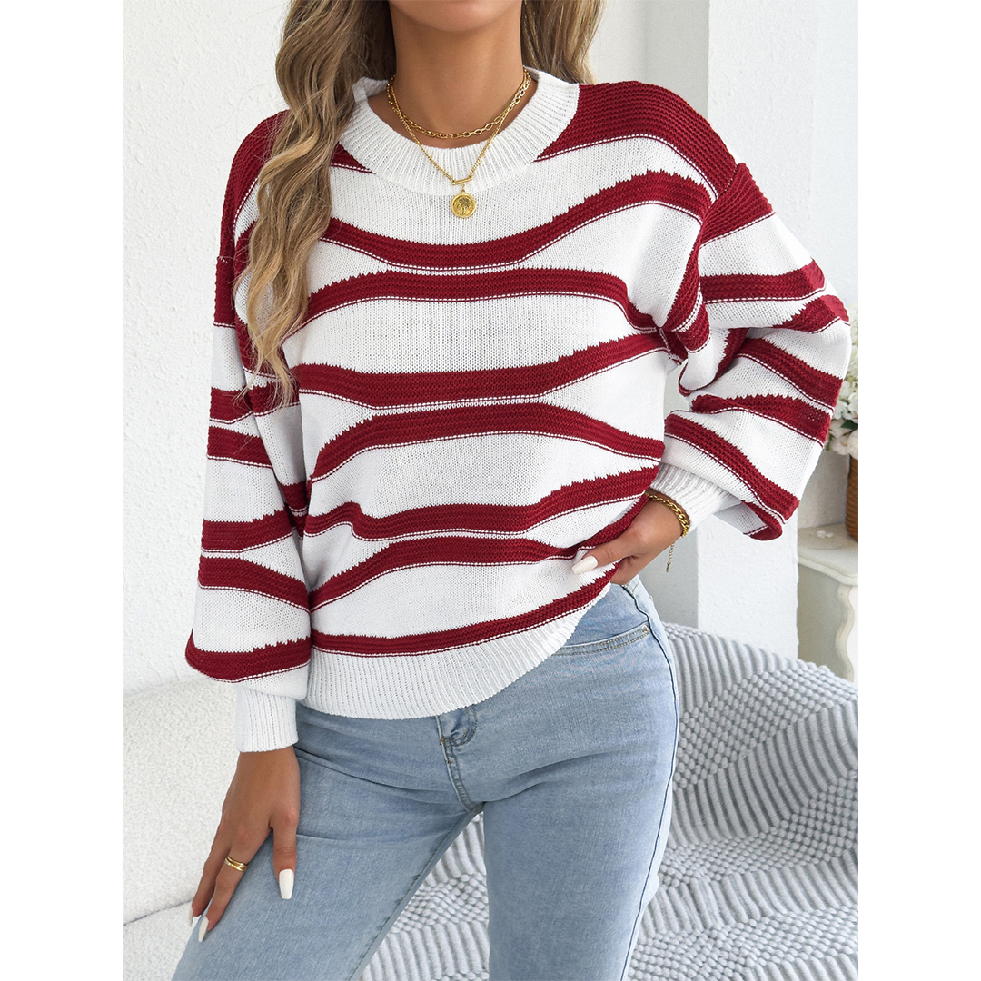 Color Block Striped Lantern Sleeve Pullover Sweater BJS347