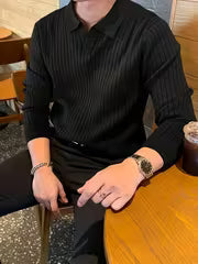 [Temujin OBM] Men's Fashion New Style Solid Color Lapel Ribbed Knit Long Sleeve Pullover Sweater, Autumn/Winter — view 2