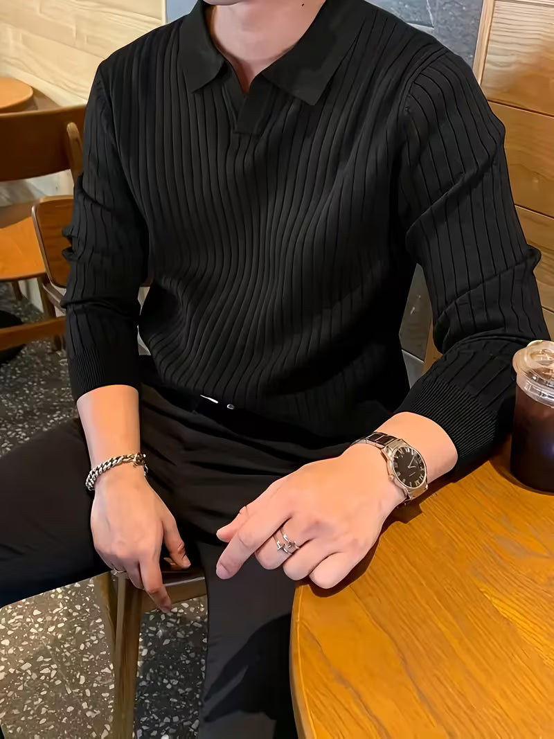 [Temujin OBM] Men's Fashion New Style Solid Color Lapel Ribbed Knit Long Sleeve Pullover Sweater, Autumn/Winter — view 8