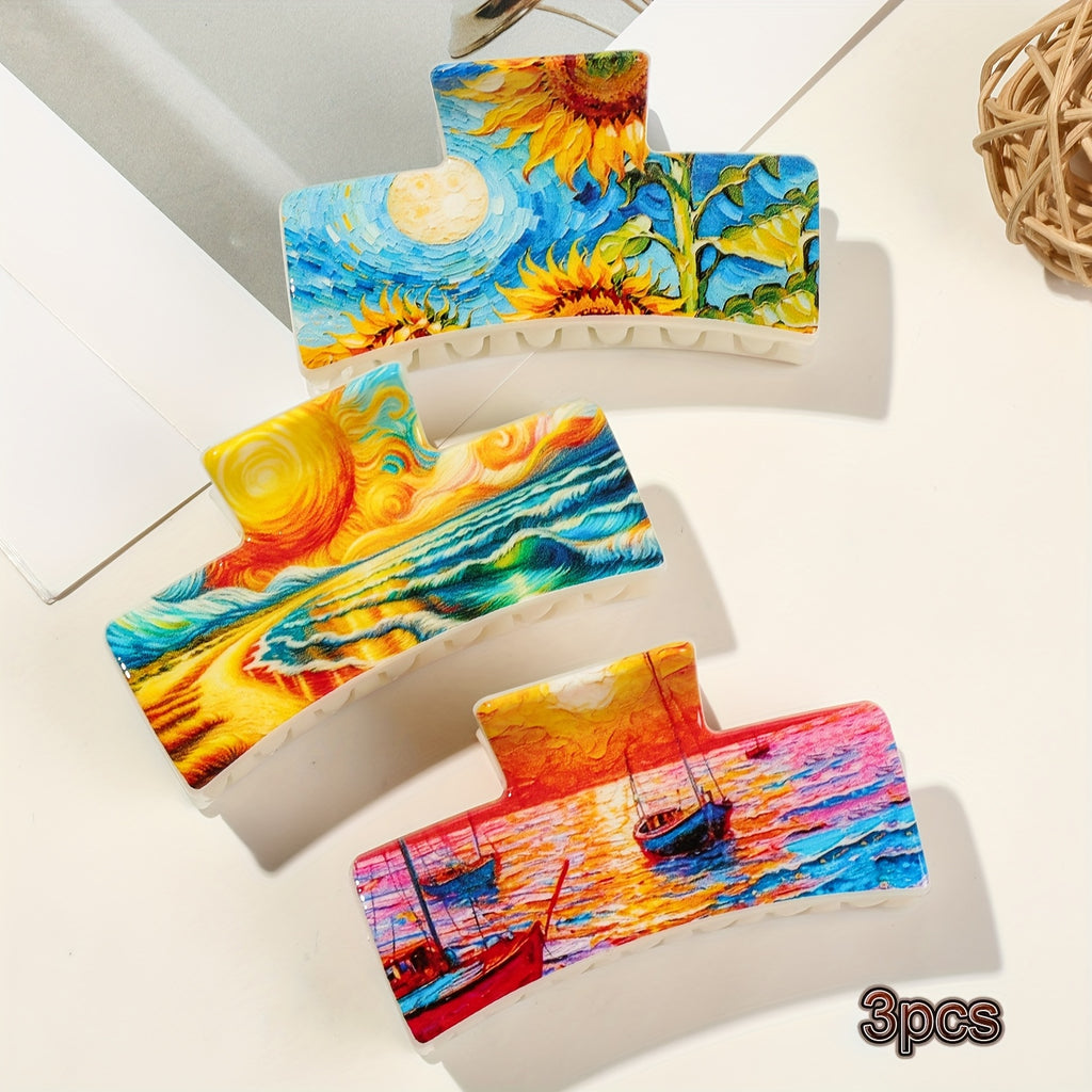 3pcs Set of Artistic And Minimalist Square Hair Claw Clips for Women with Van Gogh Oil Painting Style, Back of Head Hair Clip