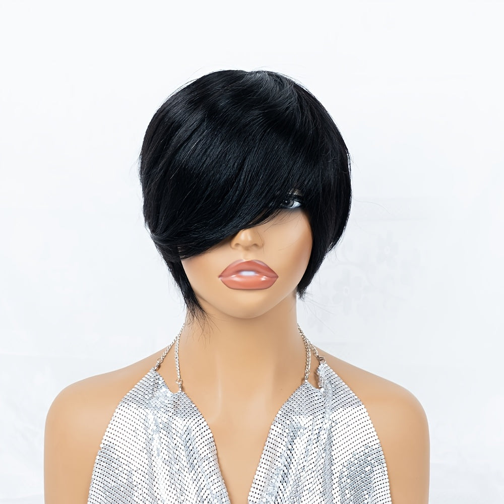 Women' Short Pixie Cut Wig with Bangs - Virgin Hair Straight Black Wig Suitable for Skin Tones, Breathable Elastic Mesh Cap, Layered Density for Daily Wear & Parties, Comfortable Wig for Parties and Everyday Hairstyle