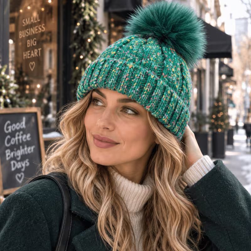 Women'S Winter Beanie Hat with Large Fluffy Pom Pom, Speckled Multicolor Tweed Effect Cuffed Skull Cap, Retro — view 11