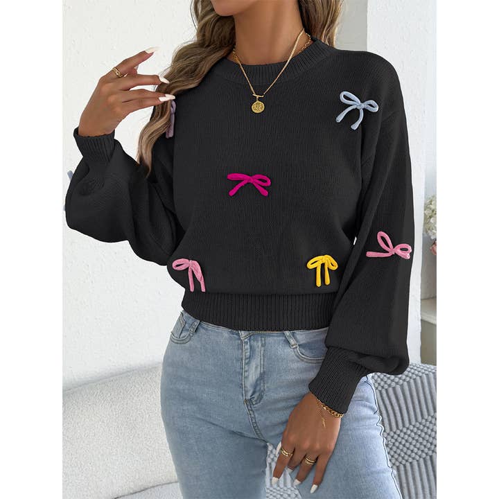 Colorful Bow Lantern Sleeve Waist-Cinching Sweater BJS353