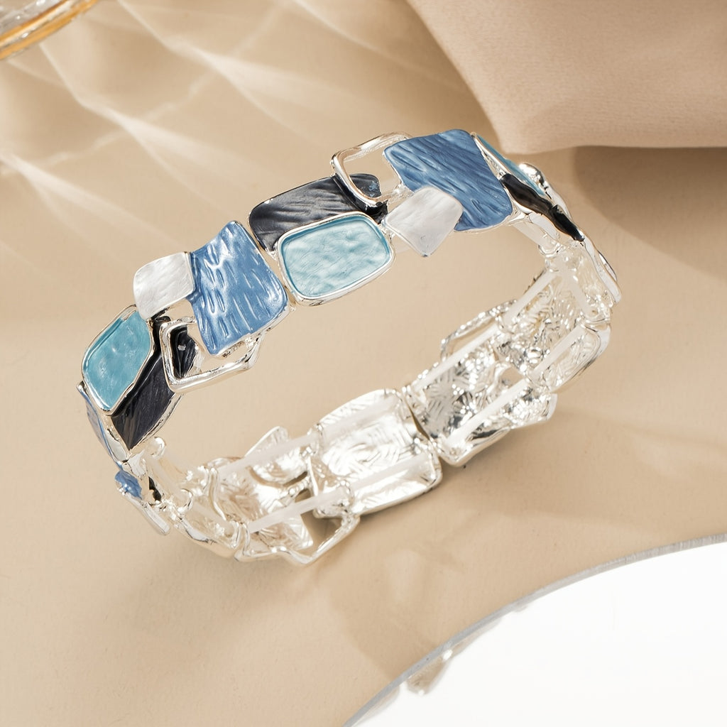 1pc Stretch Bracelet Blue Geometric Square Zinc Alloy Enamel Drip Oil Adjustable Elegant Bohemian Ocean Style Simple Elegant Design Fashionable High-End Feeling Suitable for Daily Beach Vacation And Daily Wear Accessories