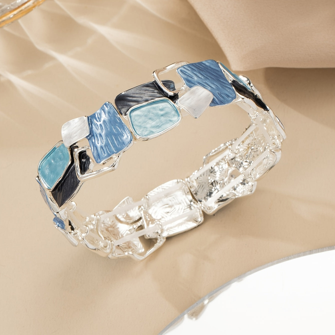 1pc Stretch Bracelet Blue Geometric Square Zinc Alloy Enamel Drip Oil Adjustable Elegant Bohemian Ocean Style Simple Elegant Design Fashionable High-End Feeling Suitable for Daily Beach Vacation And Daily Wear Accessories