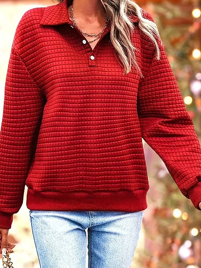 Plain Waffle Knit Collar Button Pullover Sweatshirt ZK955