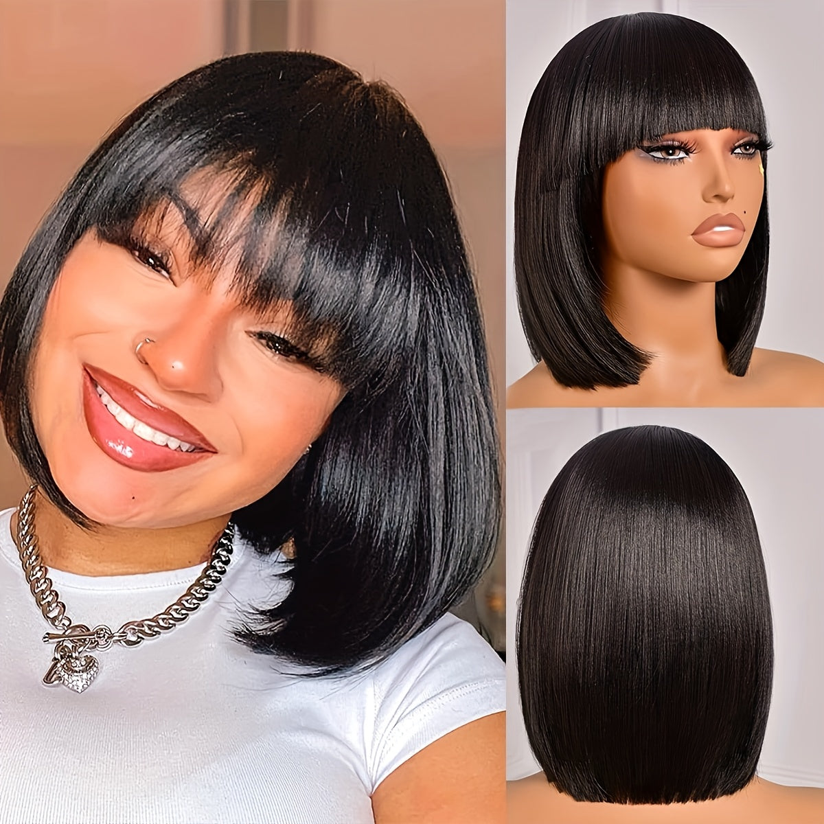 Fashionable Bob Short Wig, Black with Brown Highlights, Made of Soft And Heat-Resistant Synthetic Fiber, Suitable for Women'S Daily Wear