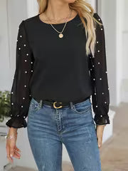 Elegant Beaded Chiffon Blouse, Polyester Crew Neck Solid Color Top, with Ruffle Detail, for Women, Spring/Fall — view 3