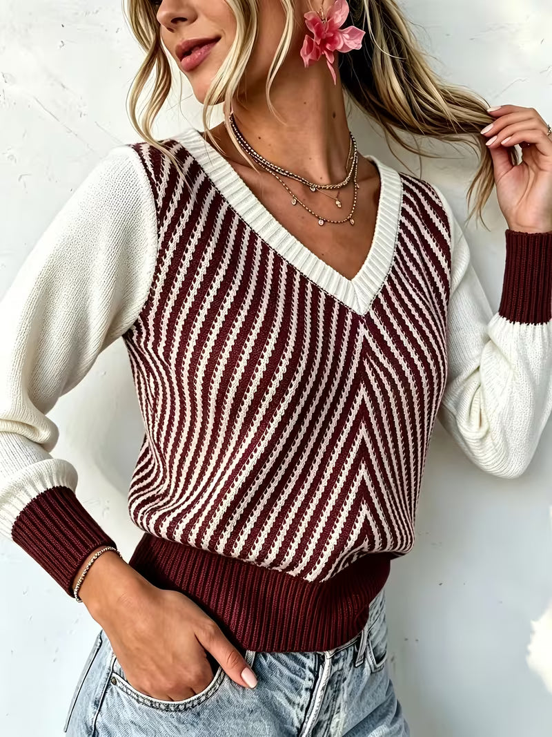 Color-Block V-Neck Sweater for Women, Color-Block Long-Sleeve Spliced Ribbed Pullover Top. Soft And Lightweight — view 7