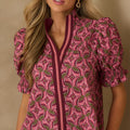 Women Vintage Pink Green Geometric Pattern Puff Short