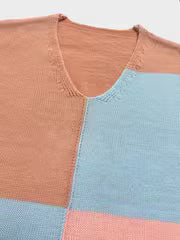 Women's Autumn/Winter Pink Apricot and Blue Color-Block V-Neck Dress, Midi-Length with Long Sleeves and Loose — view 5