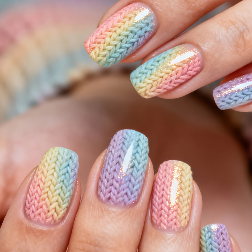 24pcs Short-T Press On Nails Matte Nails Rainbow Gradient Color System Fake Nails Autumn And Winter Atmosphere with Knitted Texture Pattern Artificial Reusable False Nails for Women