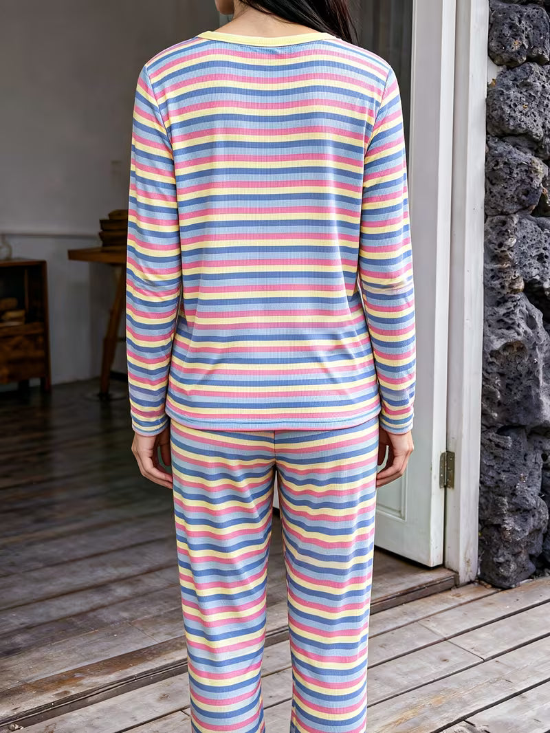 Autumn Winter New Colored Striped Pajama Women'S 2pcs Set, Long Sleeve Long Pants Soft Comfortable Home — view 6