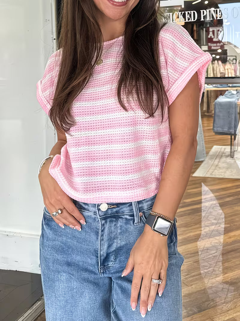 Pink Striped Print Waffle Top