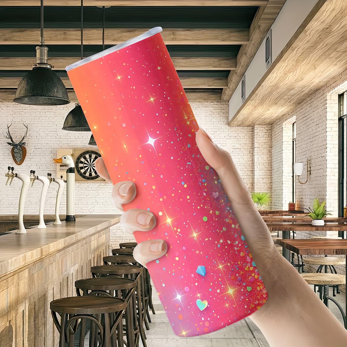 1pc 20oz Rainbow Sparkle Heart Glitter Pattern Stainless Steel Insulated Tumblers Coffee Office Travel Mug with Lid Cup Daily Use Leakproof And Bpa Free Keep Drink Hot And Cold Ideal Gift for Friends Family Colleagues on Birthday Christmas Valentine