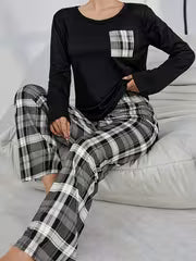 Autumn and Winter Chest Plaid Pocket Long Sleeve Top and Plaid Pants Pajama 2pcs Set — view 4
