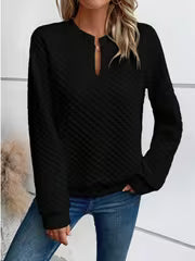 2026 Fall Women Textured Knit Top Long Sleeve Notch Neck Cream Soft Cozy Casual Daily Wear Layering Trendy — view 7