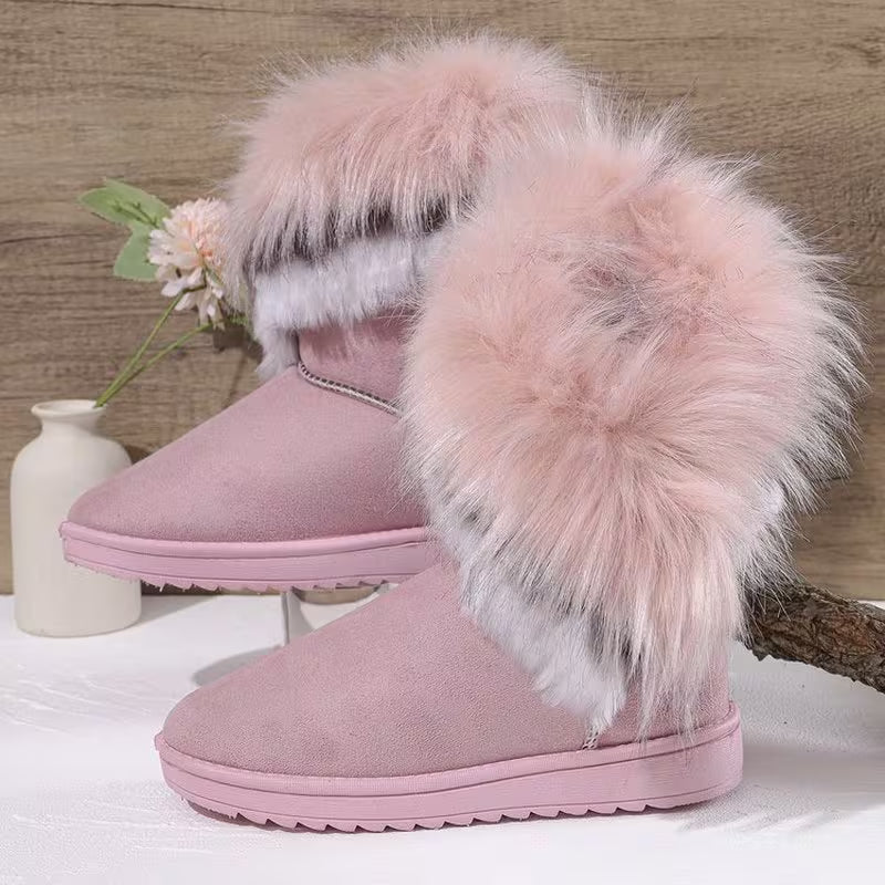 Women'S Winter Thick faux fur-Trimmed Snow Boots, Sandblasted, Warm Mid-Calf Boot, Multi-Color Fringe Trim — view 18