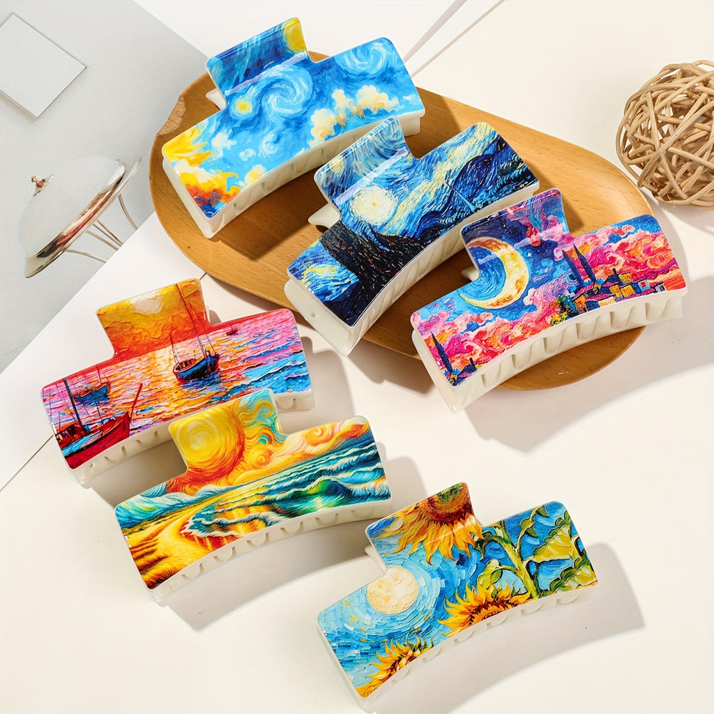 3pcs Set of Artistic And Minimalist Square Hair Claw Clips for Women with Van Gogh Oil Painting Style, Back of Head Hair Clip