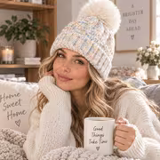 Women'S Winter Beanie Hat with Large Fluffy Pom Pom, Speckled Multicolor Tweed Effect Cuffed Skull Cap, Retro — view 5