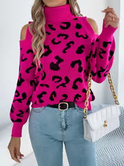 Elegant Pullover Sweater for Women with Long Sleeves And Off-Shoulder Design in Leopard Print for Autumn And — view 4