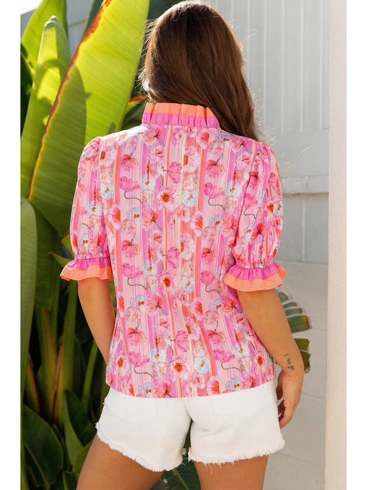 PRETTY BASH Floral Colorblock V-Neck Short Sleeve Blouse