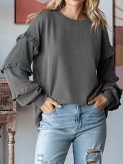 Spring Autumn Winter Ladies Puff Sleeve Round Neck Pullover | Lace Trim, Loose Fit, Elegant Style, Suitable for — view 6