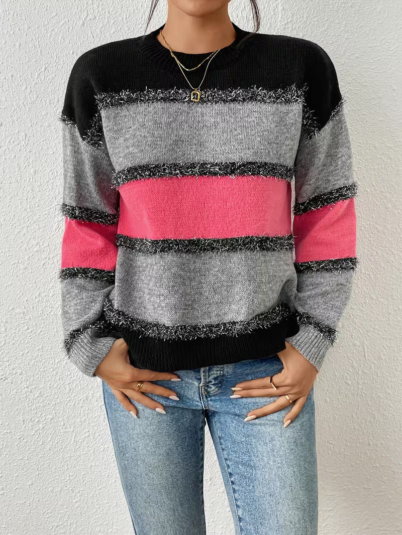 New Women'S Top, Women'S Elegant Color-Blocked, Dropped-Shoulder Sweater with Round Neckline — view 8