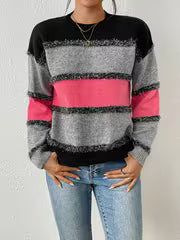 New Women'S Top, Women'S Elegant Color-Blocked, Dropped-Shoulder Sweater with Round Neckline — view 2