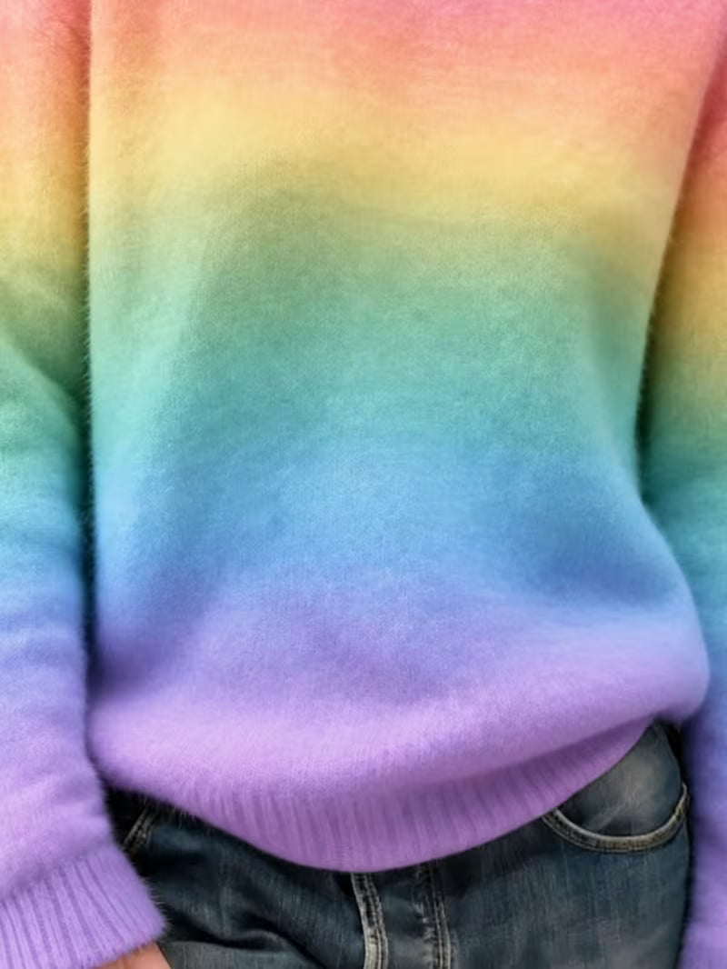 Women' Loose Fit Rainbow Stripe Sweater - Multicolor Horizontal Stripes Crewneck Sweater Suitable for Seasons — view 4