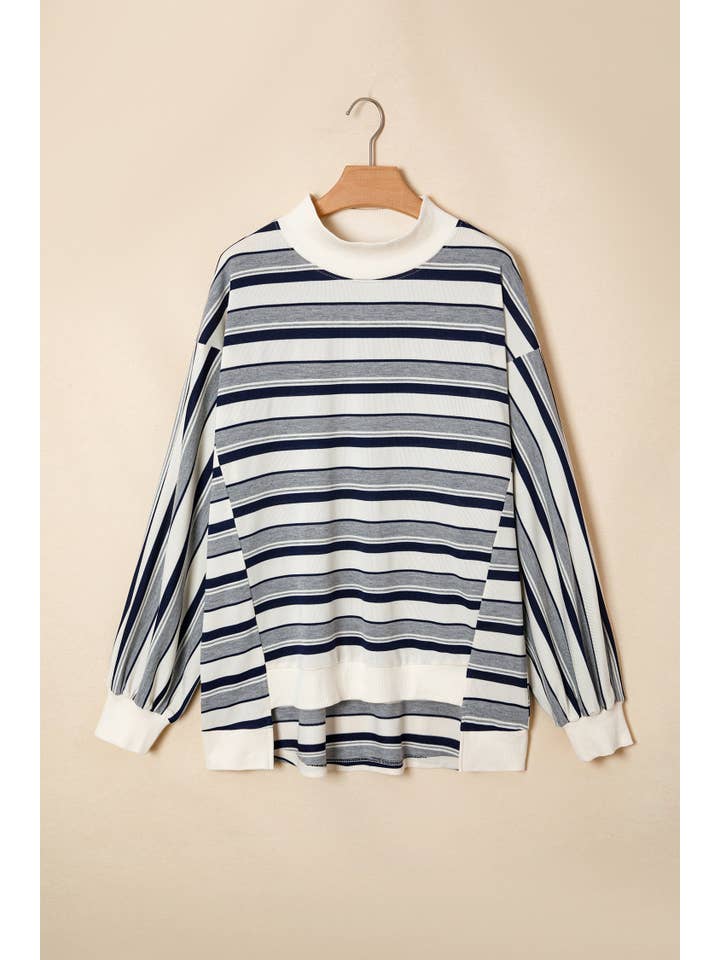 PRETTY BASH Stripe Ribbed Mock Neck Long Sleeve Sweatshirt