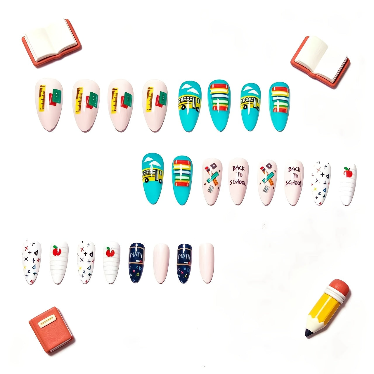 24pcs School-Themed Press-On Nails Suitable for Back-to-School, Almond Shape Medium-Length Fake Nails with Pencil & Book Designs, Reusable Detachable Tips for Teachers - Easy Application for Parties, Vacations