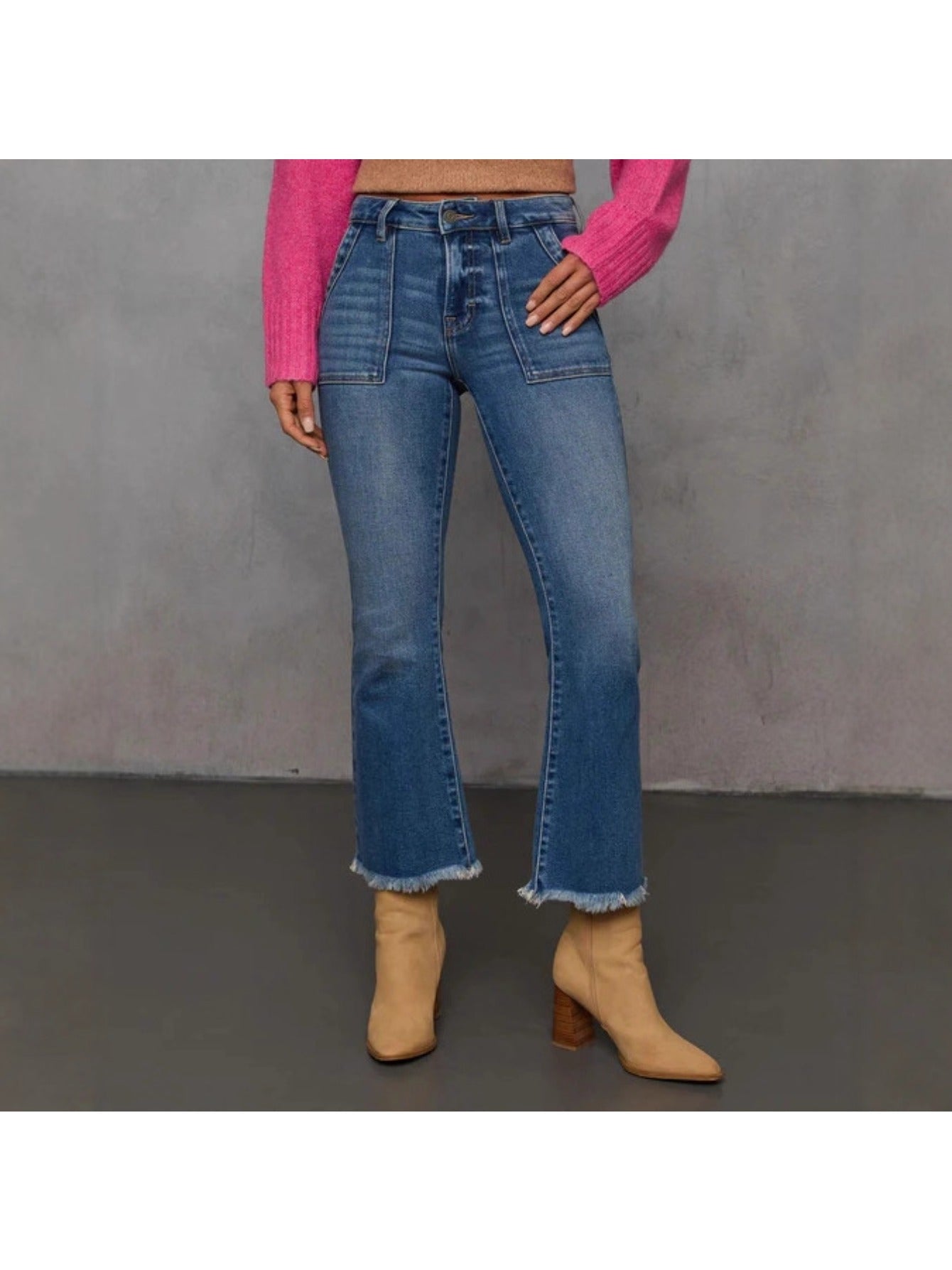 Women's Slim-Fit Distressed Frayed Hem Jeans - Mid-Rise Stretch Denim Pants with Frayed Hem & Button Closure, Wash Blue/Beige Tapered Leg, All-Season Casual Streetwear (No Belt Loops) - Vintage Look for Skinny Jeans