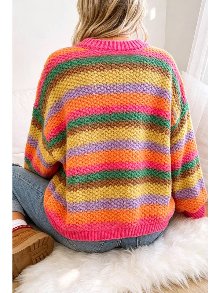 The Prism Room | Rainbow Striped Knit Puff-Sleeve Sweater — view 2 of 2
