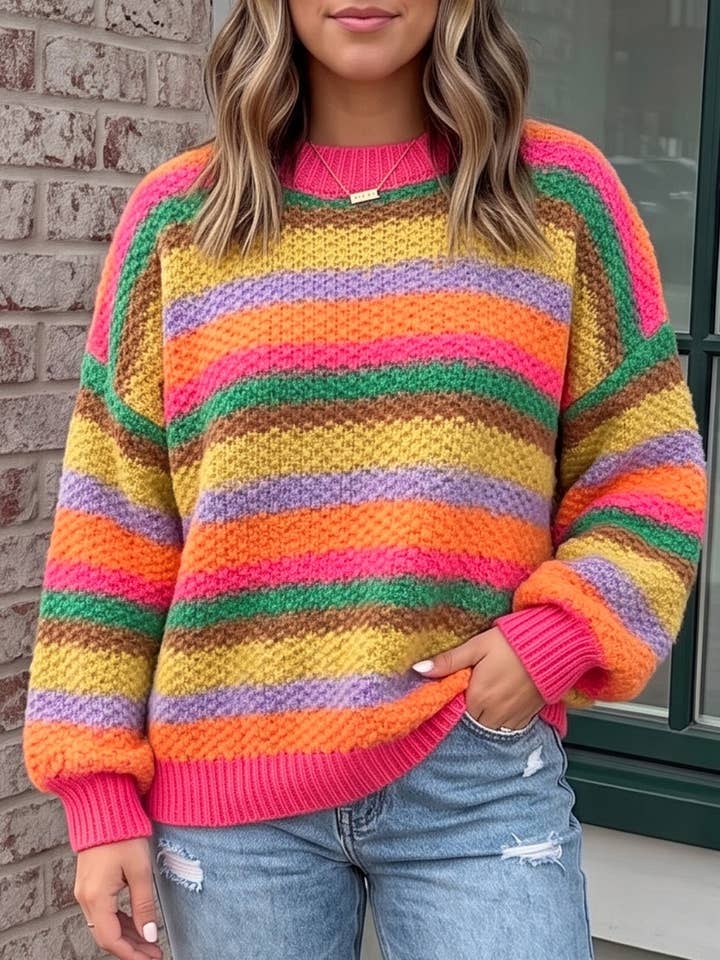 Fashionworks Women's Rainbow Striped Knit Sweater Puff Sleeve