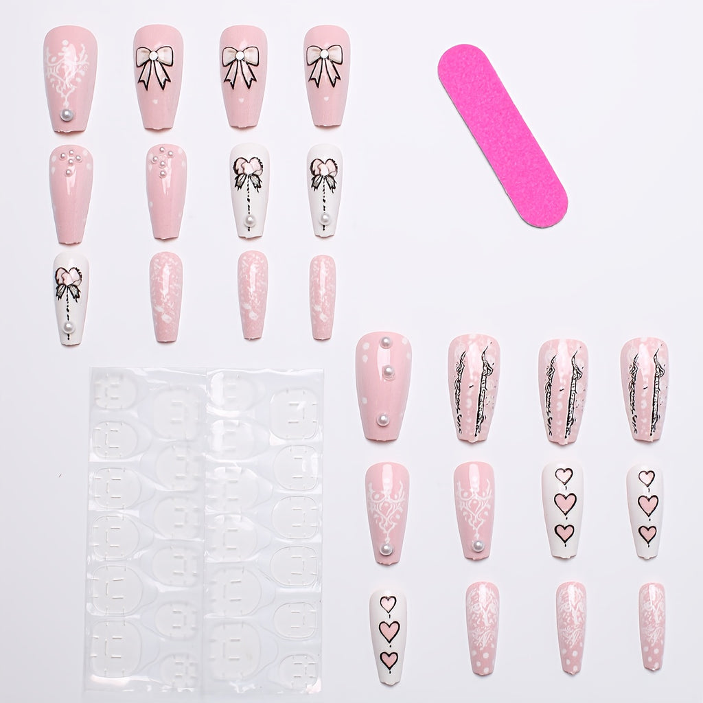 24pcs Pack Wearable Nail Plate Premium Sweet Cute Style Bow Pattern Pearl Studded Ballet Style Pattern Glossy Style Nail Finished Product, Suitable for Women And
