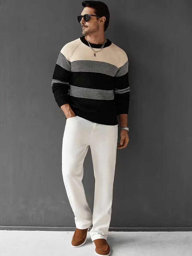 JANE DRESSINGLOG Men'S Contrasting Striped Round Neck Knit Sweater, Shoulder-Length Long Sleeve Pullover, Thick — view 7