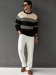 JANE DRESSINGLOG Men'S Contrasting Striped Round Neck Knit Sweater, Shoulder-Length Long Sleeve Pullover, Thick — view 2