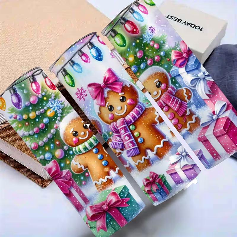 1pc of a 20 Oz Stainless Steel Insulated Tumbler Featuring an Adorable Gingerbread And Christmas Tree Gift Box — view 11